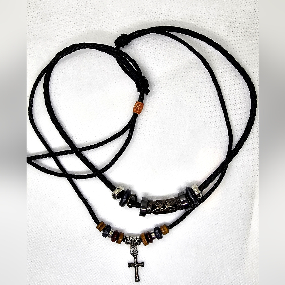 Boho Style Handcrafted Ethnic Turquoise Necklace Cross Hand-Woven Black Rope